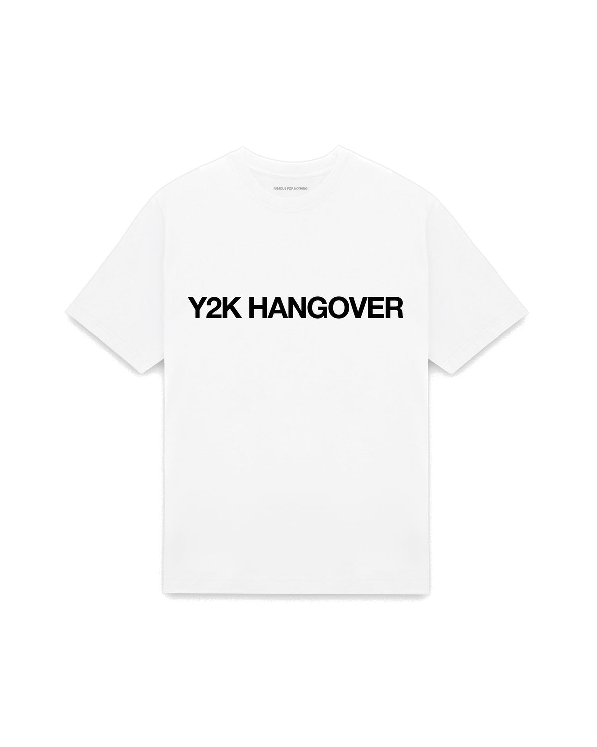 White oversized t-shirt with Y2K HANGOVER printed in Helvetica across the chest, AS Colour Heavy Tee 5080.