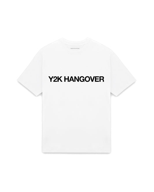 White oversized t-shirt with Y2K HANGOVER printed in Helvetica across the chest, AS Colour Heavy Tee 5080.